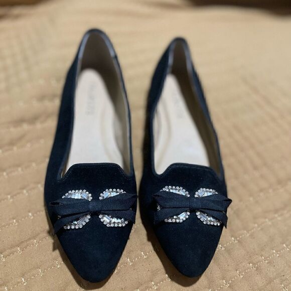 Talbots Black leather upper bow rhinestone flat 5M - Picture 5 of 9